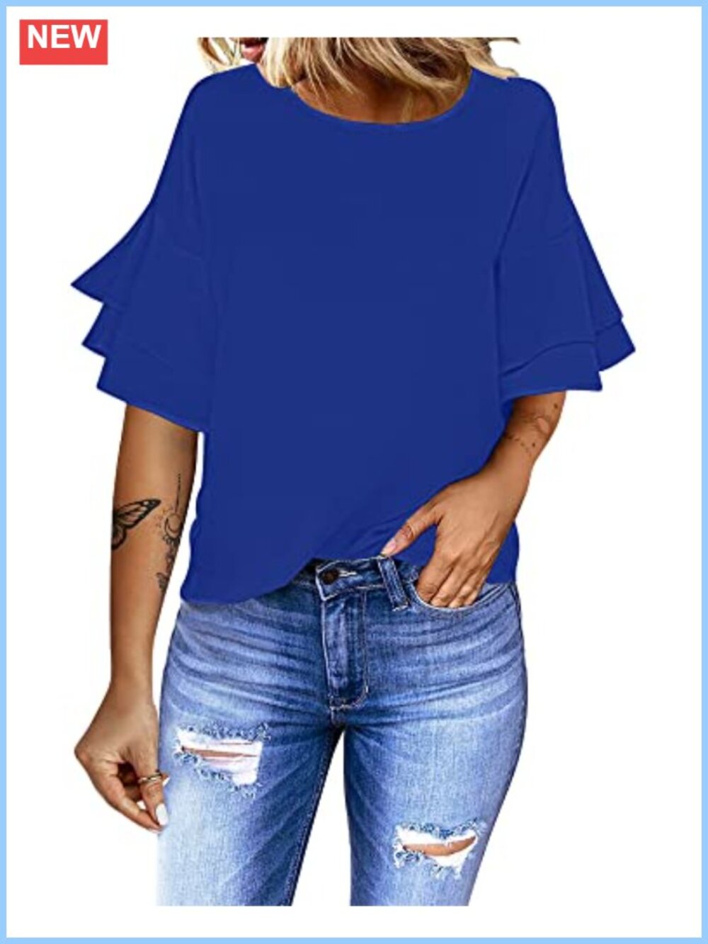Women's Tiered Bell Sleeve Blouse Crewneck Loose Fit Top